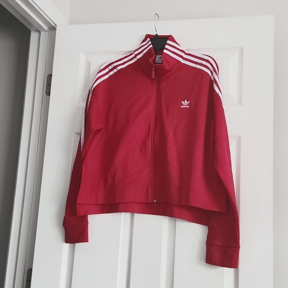 Adidas high collar, side split, hi-lo casual red track jacket size large - Picture 1 of 4